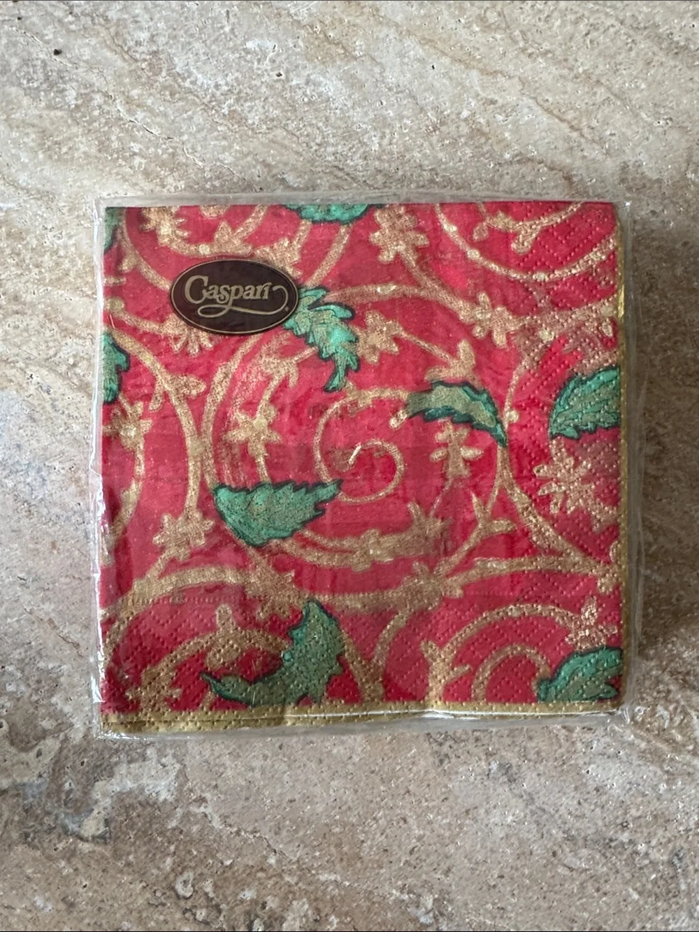 Caspari Red & Gold Holiday Cocktail Napkins with Green Leaf Motif - 20 in pack